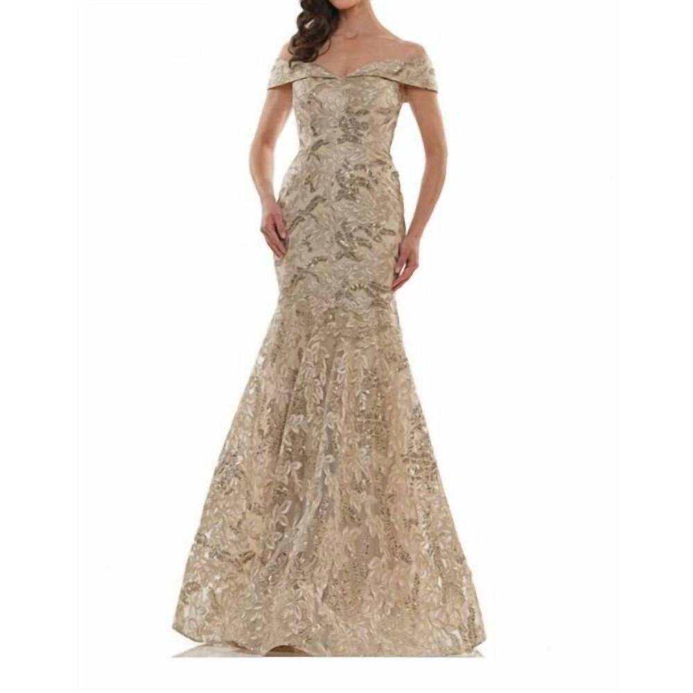 NEW COLORS DRESS embroidered fit and flare gown in gold